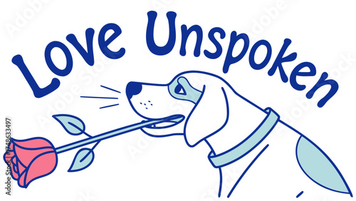 Joyful Dog Holding Rose, Love Unspoken, Heartwarming Illustration, Pet Theme, Whimsical Style