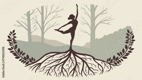 Ballet Dancer Rooted in Nature, Artistic Illustration, Serene Environment, Inspirational Concept