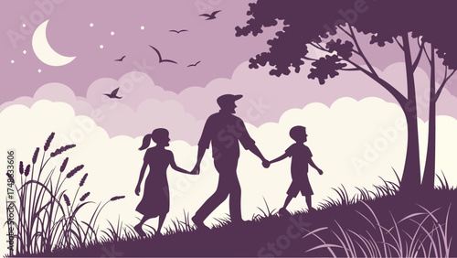Family Strolling Together Under Moonlight, Nature Scene, Evening, Vector Art, Peaceful Atmosphere