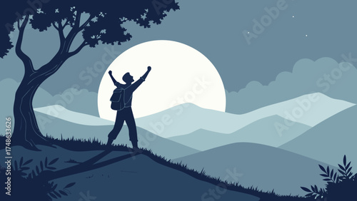Adventure, Hiker, Mountain Landscape, Illustration, Night, Inspirational Concept of Triumph
