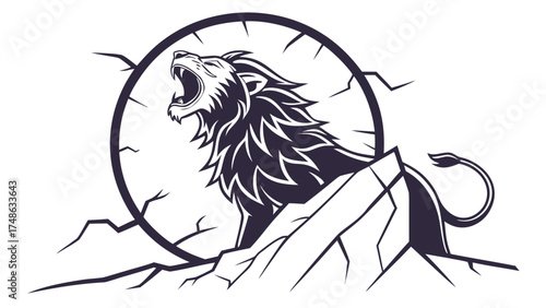 Roaring Lion Inside Broken Circle – Bold Animal Illustration in Nature, Powerful and Fierce Energy