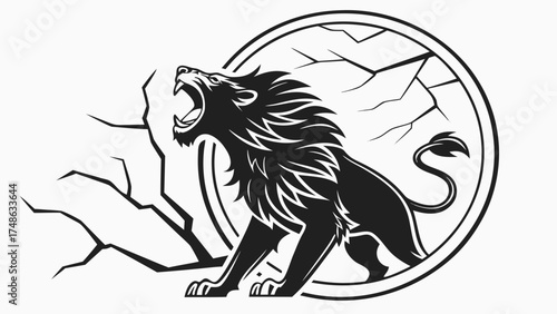 Fierce Lion Roaring in Powerful Silhouette Against Cracked Background - Graphic Illustration