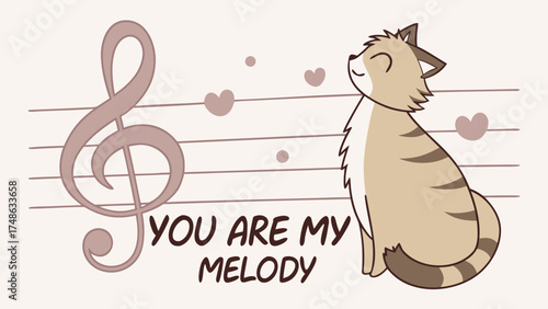 Cute Cat Illustration with Musical Notes and Hearts, Joyful Mood, Graphic Design, Warm Atmosphere, Whimsical Viewpoint