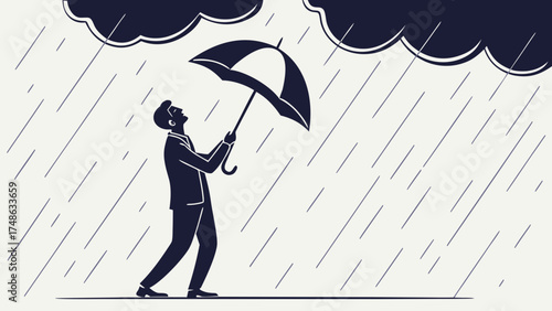 Man in Suit Holding Umbrella Under Rainy Clouds - Illustration, Business, Lifestyle, Graphic Design