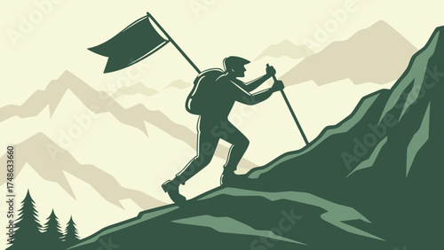 Adventure Hiking, Man, Mountain Ridge, Illustration, Scenic, Silhouette Concept