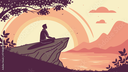 Man Meditating on Rock by the Lake, Nature Scene, Tranquil Environment, Inspirational View, Resilience & Hope