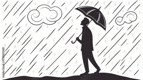 Man with Umbrella Standing in Rain, Embracing Solitude, Urban Landscape, Illustration, Melancholic Atmosphere