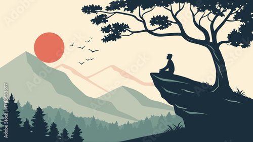 Meditative Man Overlooking Mountains at Sunset in Serene Nature Illustration