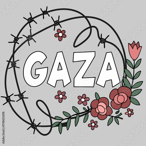 Gaza artwork with bold typography surrounded by barbed wire and flowers, symbolizing struggle and hope, visual storytelling.