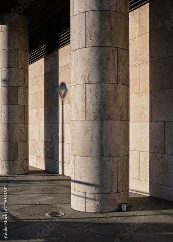 Shadows from low sun on modern building facade and exterior and columns