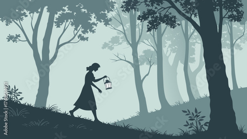 Woman with Lantern Walking in Forest at Dawn, Silhouette Illustration, Tranquil Nature Scene