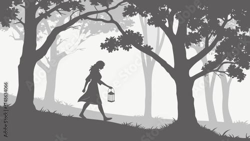Enchanted Evening Walk, Woman with Lantern, Moonlit Forest, Digital Illustration, Serene, Silhouette View, Tranquility