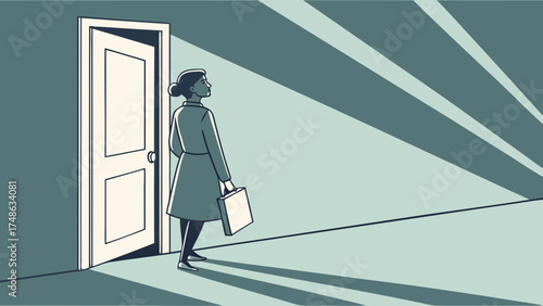Woman Stepping Through Doorway, Embracing Change, Urban Environment, Illustration, Empowerment