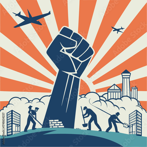 Propaganda poster art illustration featuring labor workers fist and planes in retro vintage style design