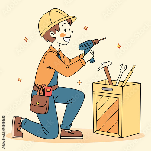 Illustration of handyman with drill tool box and hard hat home repair and construction worker professional 
