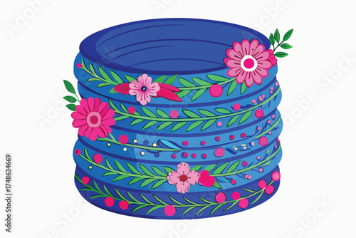 Blue stack of bangles adorned with pink flowers and green foliage on white background bracelets