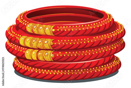 Stack of vibrant red bangles with gold bead accents and textured patterns on a white background