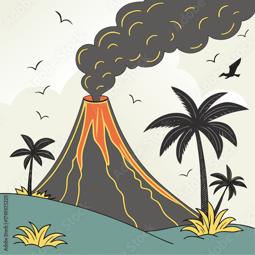 Cartoon volcano eruption with lava flow and smoke clouds surrounded by palm trees and flying birds scene