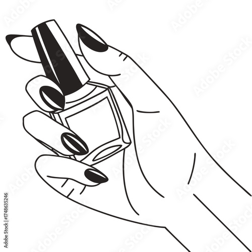 Elegant hand holding nail polish bottle with black manicure in a minimalist line art style for beauty and fashion illustrations and designs