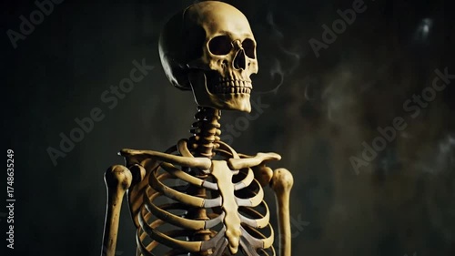 Skeleton smoking cigarette with glowing eyes dark background concept image