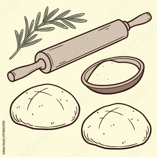 Baking ingredients and tools arranged on a light background for a cooking themed design or illustration project with a rustic and homemade feel