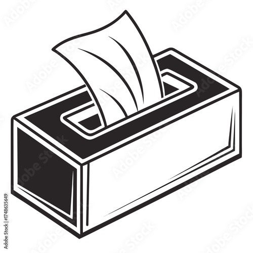 Illustration of a tissue box with tissues coming out for hygiene and cleaning purposes in black and white style