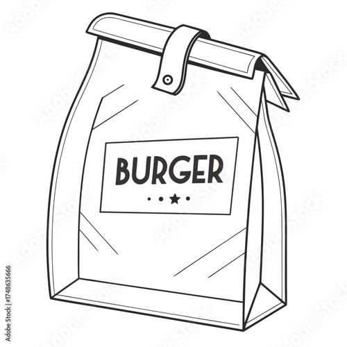 Burger takeout bag illustration vector drawing for fast food restaurant delivery service and menu design ideas