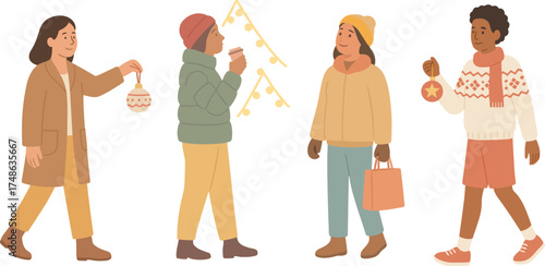 People preparing for Christmas, holiday decorations and winter activities