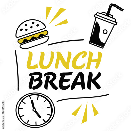 Lunch break illustration with burger, drink, and clock for a quick meal and time management concept design
