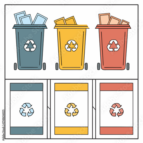Recycling bins for waste management and environmental sustainability with recycling symbols and colors