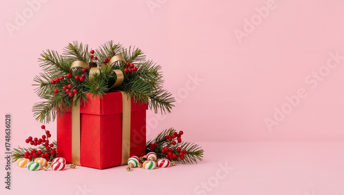 red gift box with a lush green pine branch draped over it, decorated with colorful candy and clusters of mistletoe berries. Christmas and New Year background