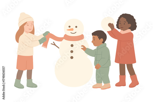 Children decorating a snowman, winter play and holiday spirit