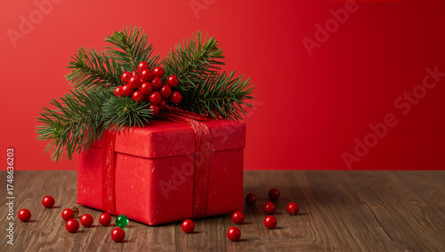 red gift box with a lush green pine branch draped over it, decorated with colorful candy and clusters of mistletoe berries. Christmas and New Year background