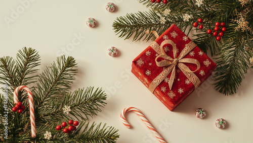 red gift box adorned with intricate golden patterns, a lush green pine branch with delicate snowflakes, colorful candy canes, and clusters of mistletoe berries