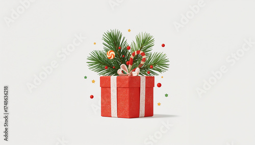 Red gift box, green pine branch, candy and mistletoe berries. Merry Christmas web banner. Horizontal Christmas poster. Christmas and New Year background