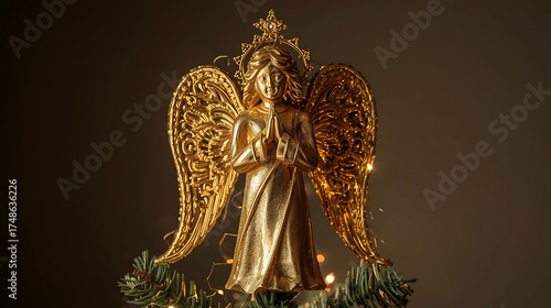 Golden Angel Tree Topper with Ornate Wings and Soft Warm Light