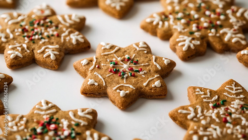 Festive set of Christmas homemade gingerbread cookies on white background. Christmas and New Year background. Holiday winter Christmas symbols