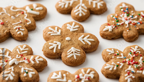 Festive set of Christmas homemade gingerbread cookies on white background. Christmas and New Year background. Holiday winter Christmas symbols