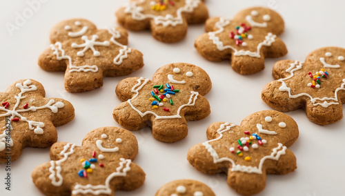 Festive set of Christmas homemade gingerbread cookies on white background. Christmas and New Year background. Holiday winter Christmas symbols
