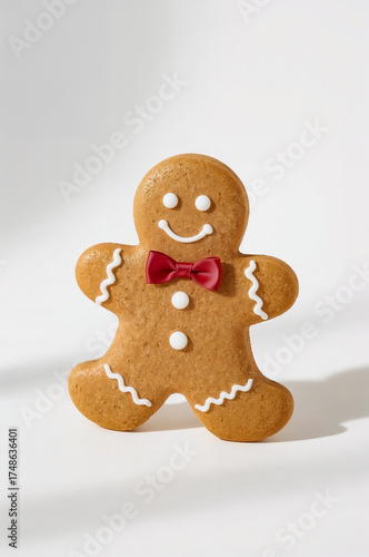 golden brown gingerbread man with a cheerful smile and a vibrant red bow tie on a white background. Christmas and New Year background. Holiday winter Christmas symbols