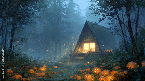 Enchanted cabin in the woods surrounded by glowing pumpkins and mist