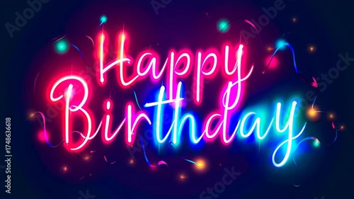 A neon sign that says Happy Birthday. The sign is colorful and has a festive mood. It is likely that the sign is meant to be used for a birthday celebration or party
