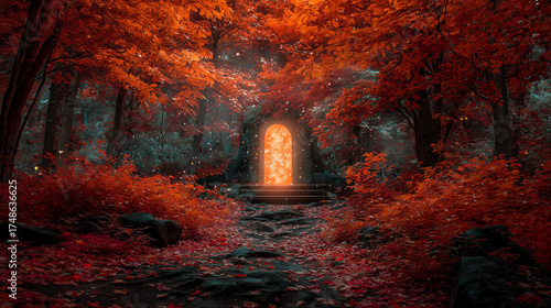 Path covered in orange and crimson leaves leading to a glowing portal of light