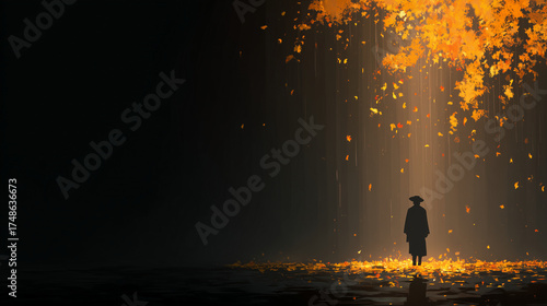 Mysterious silhouette standing beneath a rain of glowing autumn leaves