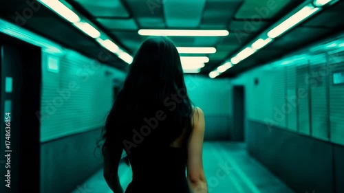 A woman with long hair stands in a dark tunnel. The tunnel is lit up with neon lights