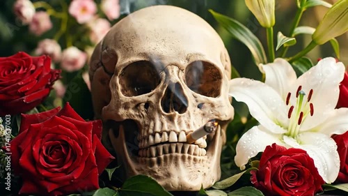 Skull with cigarette in a flower arrangement studio shot high angle