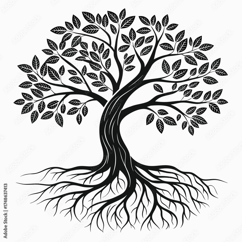 Obraz premium Stylized Black Silhouette of a Tree with Intricate Roots and Leaves black and white branches