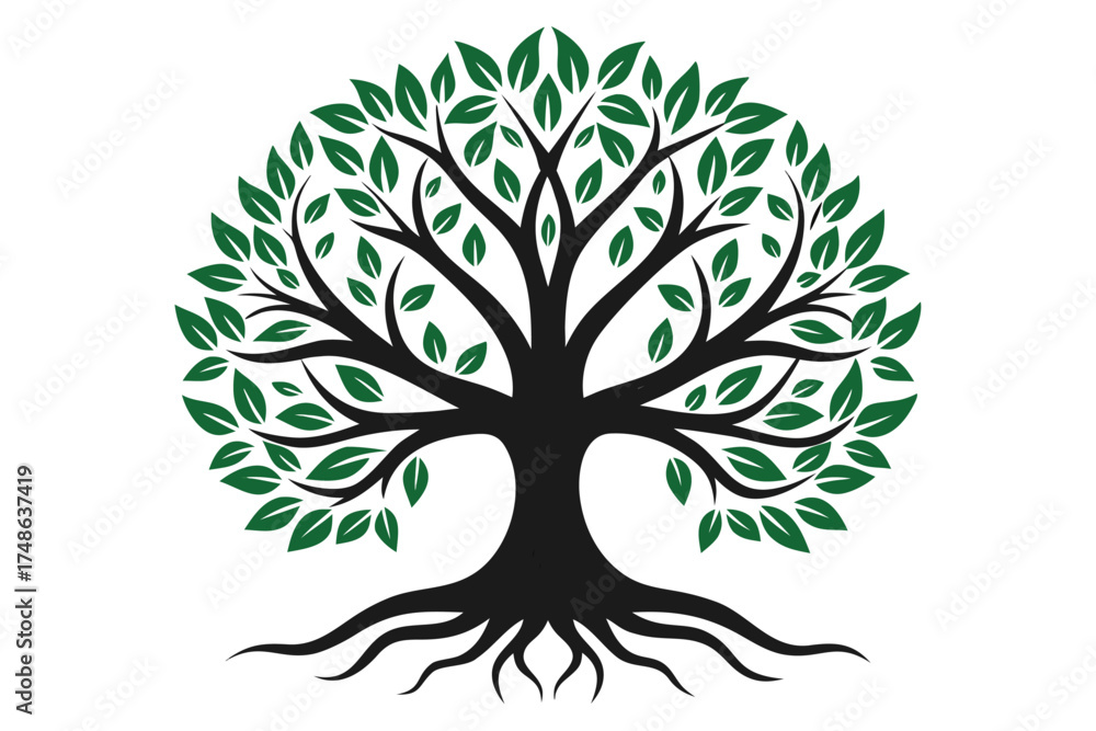 Obraz premium Stylized black tree with green leaves and visible roots on a white background nature life