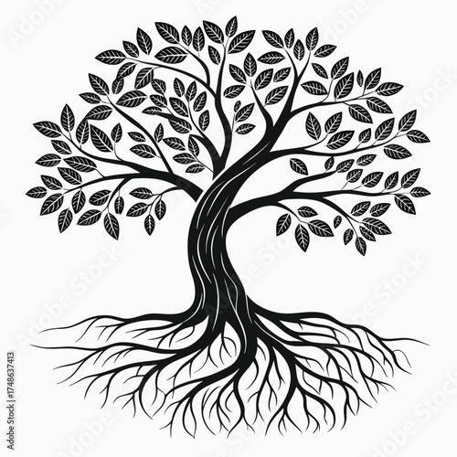 Stylized Black Silhouette of a Tree with Intricate Roots and Leaves black and white branches