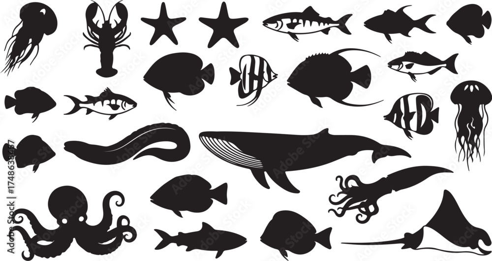 Naklejka premium Sea Life Silhouette Vector Set – Marine Animals, Fish, and Ocean Creatures Clipart Collection